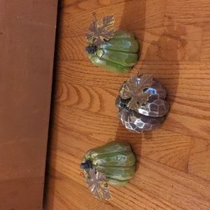 Set of 3 Solid Resin Pumpkins 2 Green 1 Brown Gold Accents Brown Metal Leaves